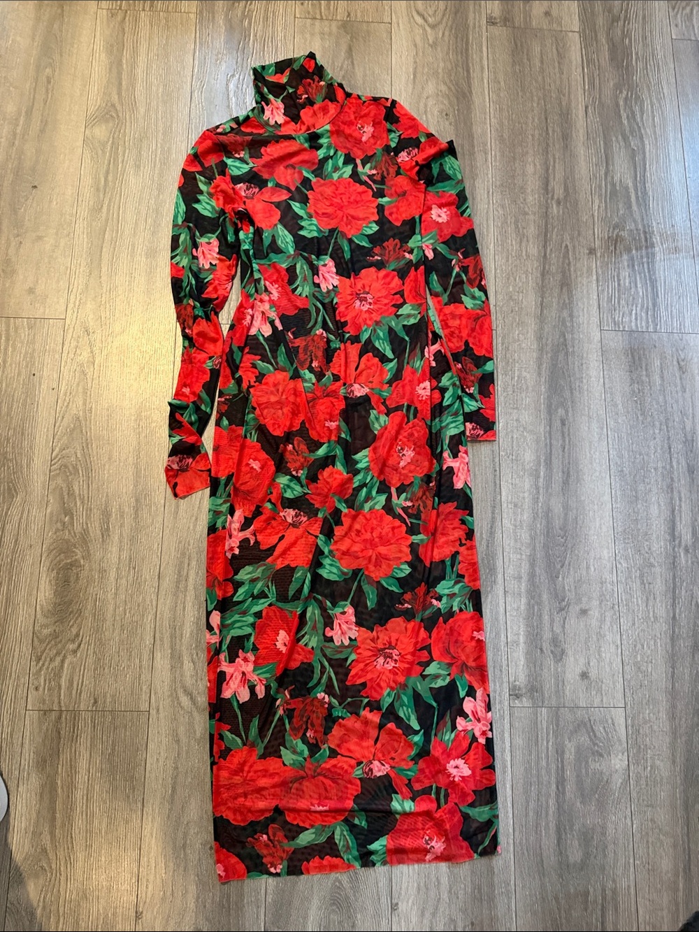 AFRM Red & Green Floral Long Sleeve Maxi Dress